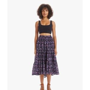 XIRENA Midi Skirt Floral Cotton Silk High Low S Iris Black Boho Pockets Romantic